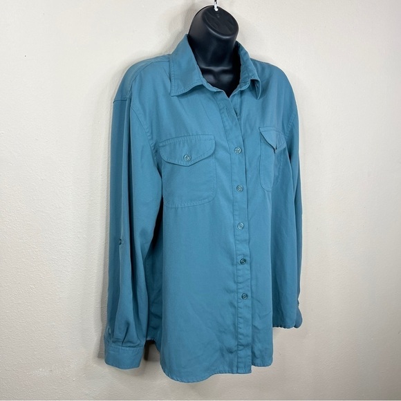 Large Vintage Laura Scott Teal Blue Long Sleeve Button Down Top Roll Tab - Picture 5 of 9